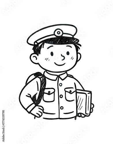 handdrawn cute doodle style student cadet vector line illustration