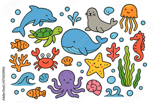 Colorful Sea Creatures Doodle. Sea Animals. Colorful Hand-drawn doodle Children illustration Sea Animals dolphin, whale, seal, crab, starfish, fish, turtle,