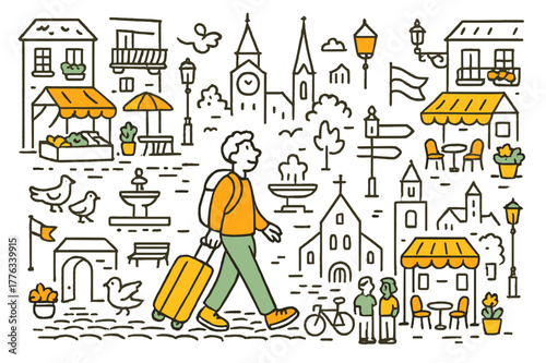 European Street Stroll. European travel walk. Hand-drawn doodle illustration person walking (colored), cobblestone street (colored), historic buildings