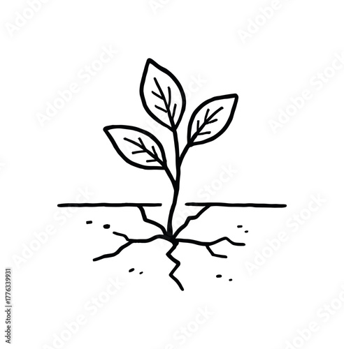 handdrawn cute doodle style leaf growing through pavement vector line illustration