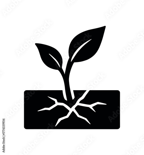 leaf growing through pavement flat black solid vector illustration isolated on white background