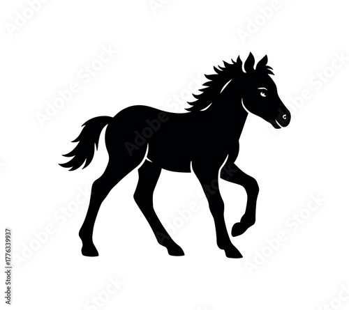 wild pony foal flat black solid vector illustration isolated on white background