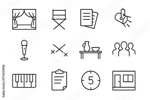 Stage Rehearsal Icons. Stage Rehearsal. Line icon set of Stage Rehearsal: open stage, director chair, script pages, spotlight, microphone, floor tape marks,