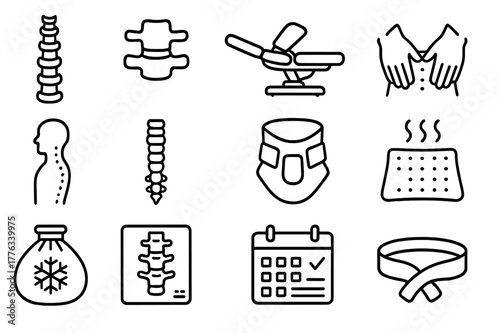 Chiropractic Icon Set. Chiropractic care. Line icon set of chiropractic care: spine, vertebra, adjustment table, chiropractor hands, posture chart, spinal