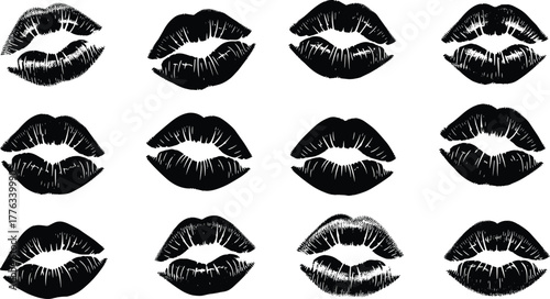 Black lipstick kiss prints pattern, sensual lip marks, feminine beauty concept, makeup texture background, romantic cosmetic art illustration, fashion design element