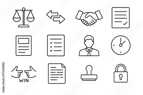 Negotiation Icon Set. Negotiation. Line icon set of Negotiation: scales, counteroffer arrows, handshake, concession list, BATNA card, terms sheet, mediator,