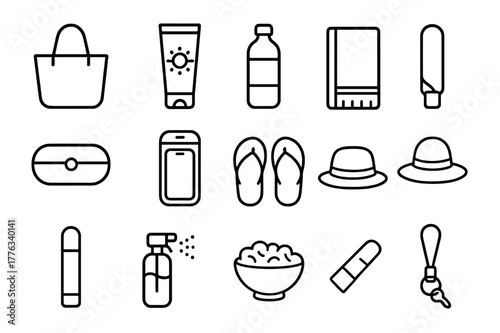 Poolside Icon Set. Poolside Essentials. Line icon set of Poolside Essentials: tote bag, sunscreen, water bottle, beach towel, sunglasses case, phone in pouch,