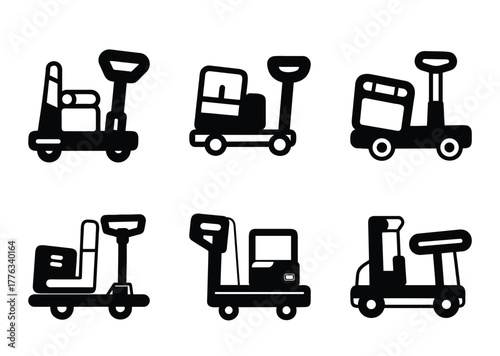 Vector graphic compilation of various industrial pallet jack silhouettes in black and white