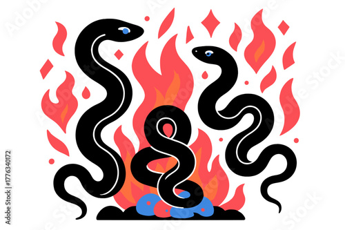 Fiery Serpent Dance. Writhing Serpents in Fire. Serpents coiling around glowing embers with floating abstract geometric flames, mystical and fiery atmosphere.