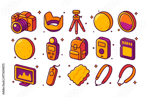 Golden Hour Icons. golden hour photography. Colorful isometric vector icons set of golden hour photography: dslr camera, lens hood, tripod, nd filter, golden