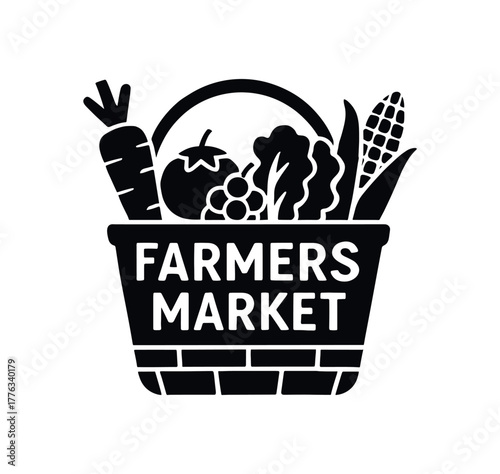 farmer market basket flat black solid vector illustration isolated on white background