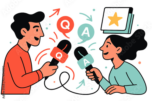 Dynamic Interview Scene. Interview segment. Two mics face each other like friendly comets; ?Q? and ?A? badges orbit between hosts. A notepad flips to a star as