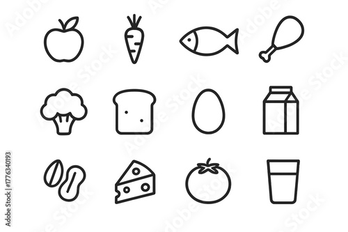 Nutrition Icon Set. Nutrition essentials. Line icon set of nutrition essentials: apple, carrot, fish, chicken drumstick, broccoli, bread slice, egg, milk