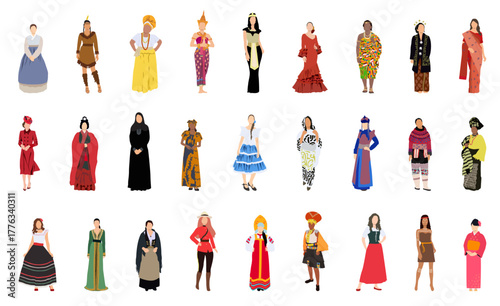 Crowd of weman of world in different traditional costumes vector illustrtion.