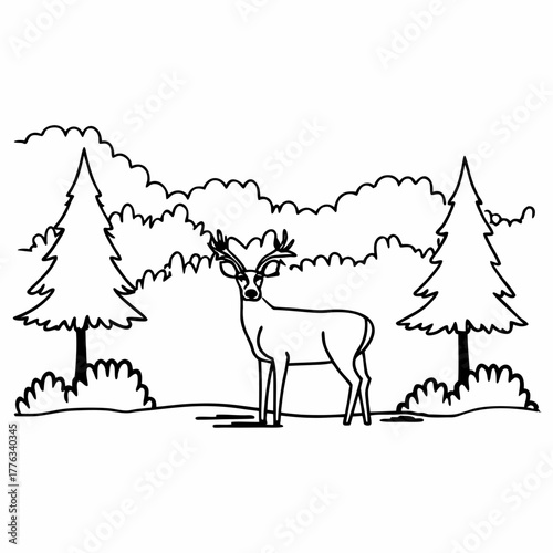 Deer standing in a forest clearing with pine trees and cloud like bushes in a line art drawing created with generative ai