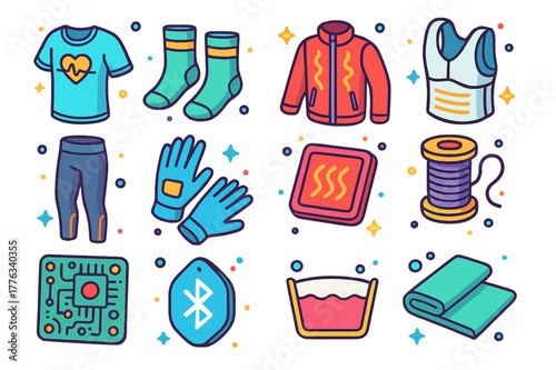 Smart Clothing Icons Set. Smart clothing. Colorful isometric vector icons set of Smart clothing: biometric T-shirt, sensor socks, heated jacket, posture