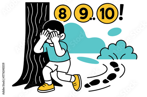 Hide and Seek. Counting at the Tree. Hands cover eyes against a bark pattern while numbers ???!? hover in bold circles. Footprints peel away toward bushes with