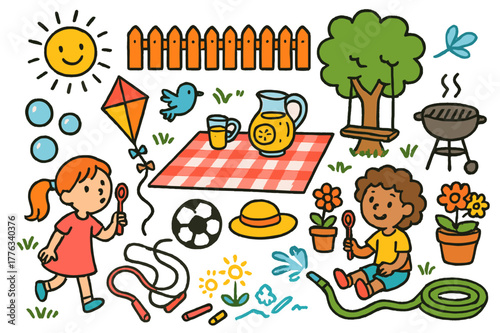 Backyard Playtime Fun. Backyard playtime. Colorful Hand-drawn doodle Children illustration Backyard playtime picnic blanket, soccer ball, bubbles wand, jump
