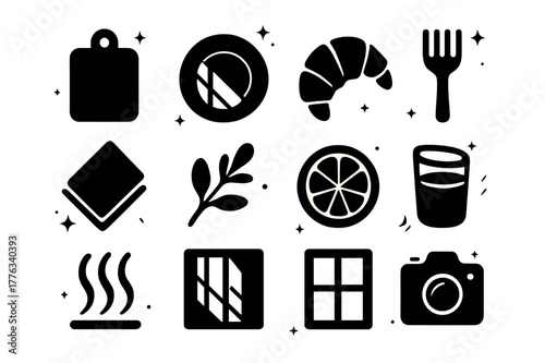 Culinary Icon Grid. Window Light on Food. Solid icons set of Window Light on Food: cutting board, plate, pastry, fork, linen napkin, herb sprig, citrus slice,