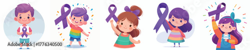 vector of a children holding a purple ribbon