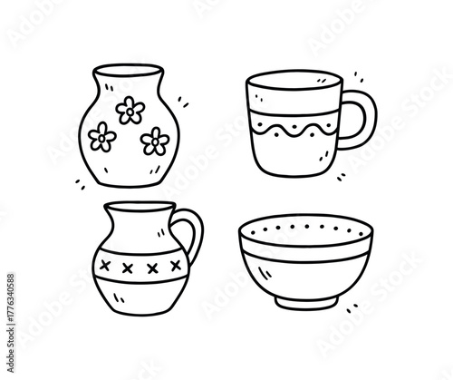 handdrawn cute doodle style handmade pottery vector line illustration