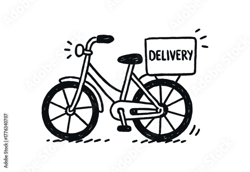 handdrawn cute doodle style delivery bicycle vector line illustration