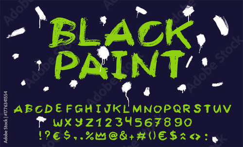 Hand drawn uppercase alphabet with grunge dry brush texture. Distressed graffiti punk style bold letters, numbers. Cute cartoon ABC font with rough strokes, blackboard, artistic typography design.