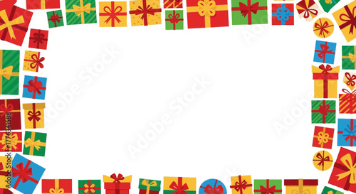 Festive frame of colorful gifts with ribbons, perfect for holiday greetings and cheerful announcements, originally created as scalable vector graphics