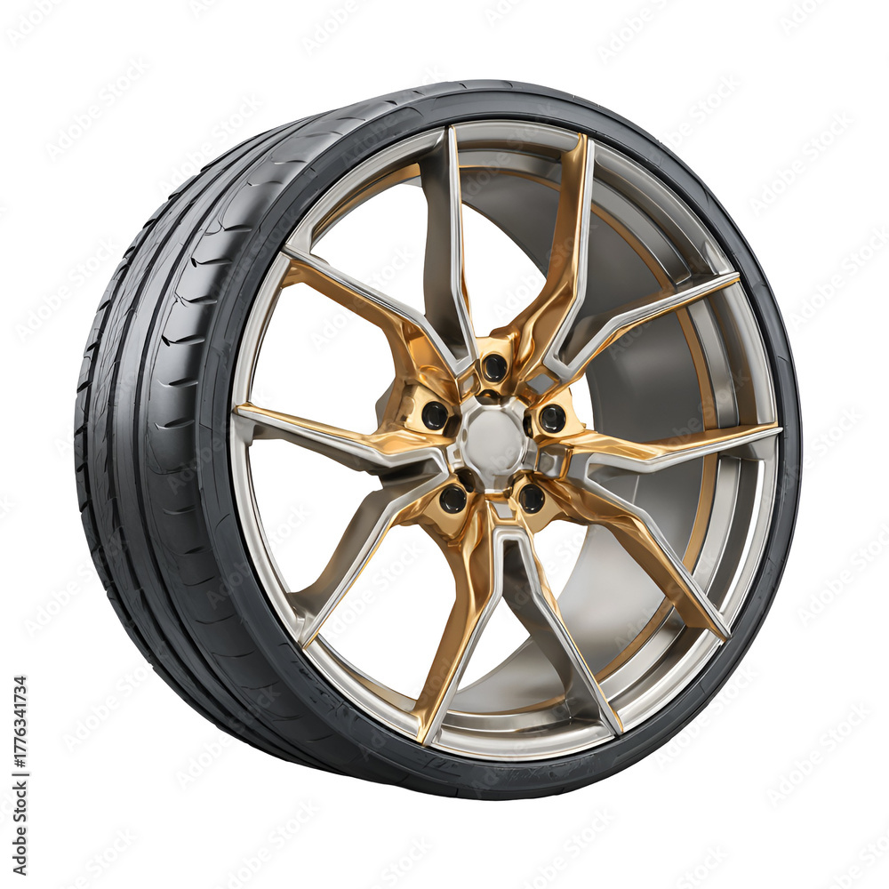 Fototapeta premium Luxury gold and silver alloy car wheel isolated on transparent background