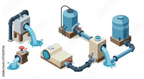 Isometric water treatment plant diagram with flowing pipes and tanks