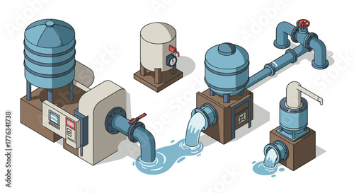 Isometric water treatment system diagram with tanks and pipes in industrial setting