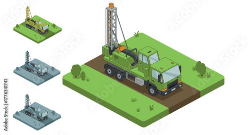 Isometric construction drilling truck set on grass patches in multiple color gradients