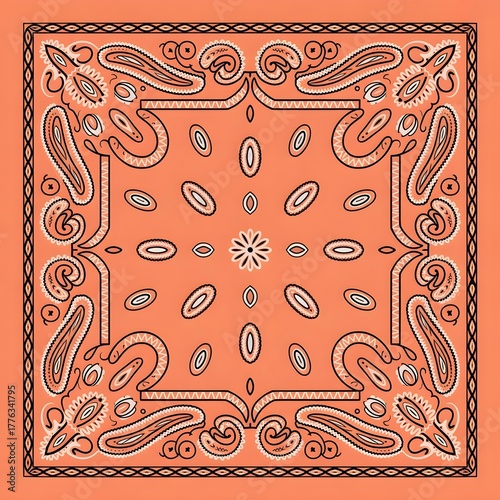 Trendy bandana print design with ornamental paisley pattern and warm colors