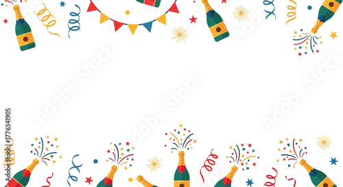 Festive Celebration Frame with Champagne Bottles, Streamers and Bunting for New Year, Christmas, or Birthday Party Invitations and Event Promotions