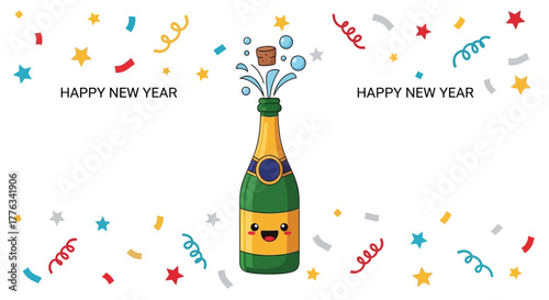 Celebrate New Year's Eve with cartoon champagne bottle popping open surrounded by confetti and streamers, perfect for party invites and joyful greetings