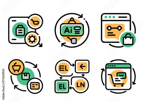 Icons illustrating Artificial Intelligence, Ecommerce, and related Business Processes and Technologies
