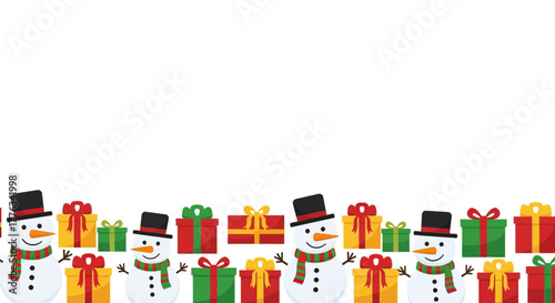 Festive Christmas border with smiling snowmen and colorful gifts, perfect for holiday invitations and seasonal promotions, originally a scalable vector graphic