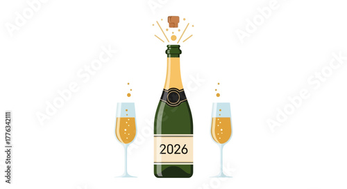 Pop the Bubbly for a Sparkling New Year 2026 Celebration with Festive Champagne Bottle and Toasting Glasses Ready to Ring in the Future with Cheer