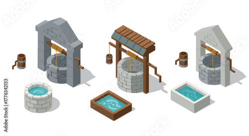 Isometric water wells and buckets set with stone structures in detailed 3d art style