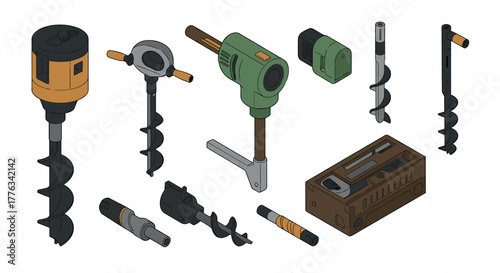 Isometric power tools collection featuring drills and accessories in a detailed layout