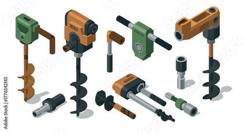 Isometric power tools collection with drill bits on white background