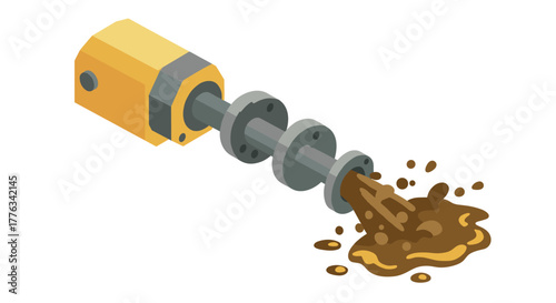 Isometric industrial drill pumping mud with cylindrical sections in motion