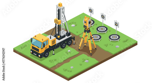 Isometric survey equipment on construction site with targets and truck