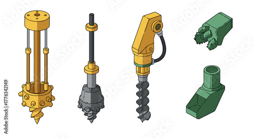Isometric construction equipment drills and auger attachments set