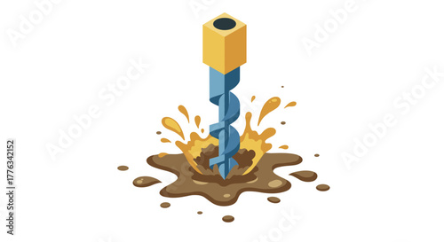 Isometric drill in water splashing mud  construction and industry concept