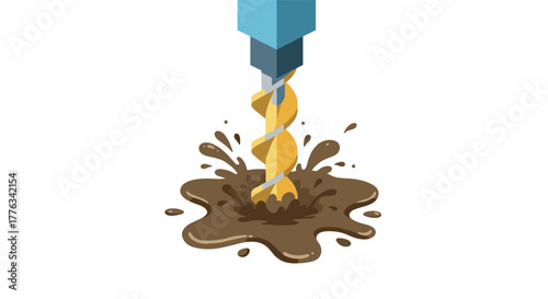 Isometric drill bit creating splash in muddy liquid