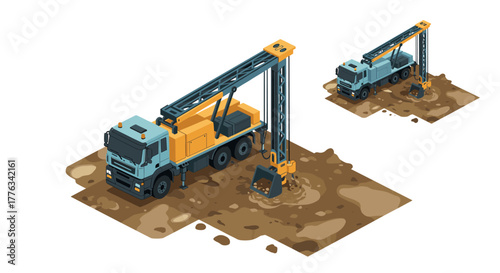 Construction excavator trucks on a muddy site in isometric style