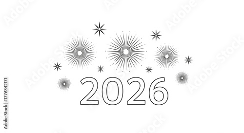 Celebrate 2026 New Year with Sparkling Fireworks Design: Minimalist Line Art for Modern Greetings, Posters, and Festive Decor, Announce the Future Year