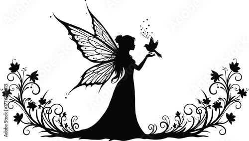 Fairy with bird silhouette vector—ornate wings, magical sparkles, floral vines for fantasy, enchanted nature, and storybook themes