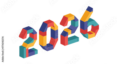 Modern Colorful 2026 Graphic for New Year Celebrations and Futuristic Designs, Geometric Isometric Style with Vibrant Colors, Ideal for Marketing and Promotion